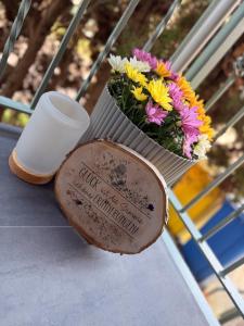 a pot of flowers sitting on top of a table at Ferienwohnung Börnecker Landruhe in Börnecke