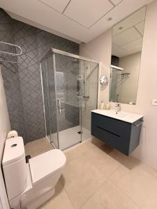 a bathroom with a shower and a toilet and a sink at El Rincón in Pozoblanco