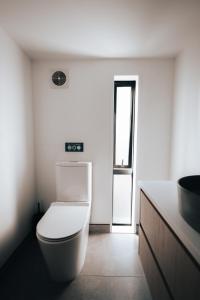 a white bathroom with a toilet and a sink at Alpine Chalet - views, fire-pit, central, cosy in Wanaka +27 photos