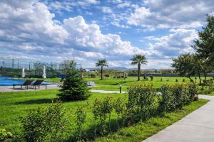 a park with palm trees and a pond at Sunset Telavi in Telavi