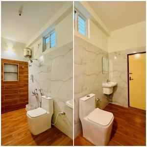 two pictures of a bathroom with a toilet and a sink at Ayaf Homes in Pondicherry