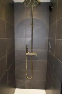 a shower with a shower head in a bathroom at La chambre du moulin dort in Chénelette