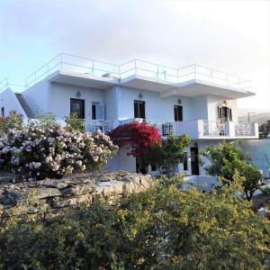 a white building with flowers in front of it at Alex Studios Tinos in Tinos