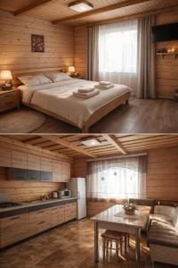 two pictures of a bedroom with a bed and a table at Гостинний двір in Vorokhta