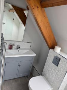 a bathroom with a sink and a toilet at Shepherds Barn in Beamish +49 photos