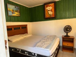 a bed in a room with a green wall at Pousada ilha das gamelas in Guaraqueçaba