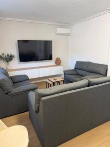a living room with two couches and a flat screen tv at Entre Plazas in Cáceres