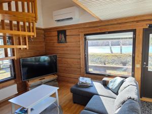 a living room with a couch and a tv at Gold Digger's Timber in Inari