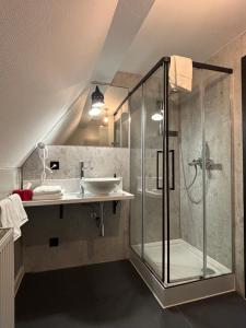 シュヴェービッシュ・ハルにあるDORMERO Hotel Schwäbisch Hallのガラス張りのシャワーと洗面台のあるバスルーム +23枚の写真