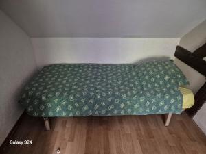 a bed in a room with a green blanket at Ancienne étable in Pierrefitte-sur-Sauldre +1 photo