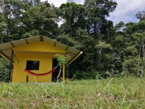 a yellow dog house in the middle of a field at Finca Paz y Flora in Drake