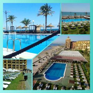 a collage of pictures of a resort with a swimming pool at Premium Oceanside Apartment, Pool, Parking in Port Saplaya