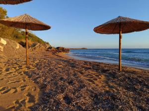 two straw umbrellas on a beach with the ocean at Dionisis Apartments in Kounopetra +49 photos