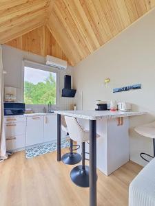 a kitchen with a table and chairs in a room at Maisonnette d'architecte face nature, 15min de Tours in Charentilly