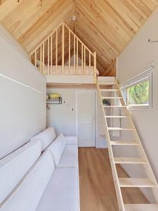 a tiny house with a loft bed and a ladder at Maisonnette d'architecte face nature, 15min de Tours in Charentilly
