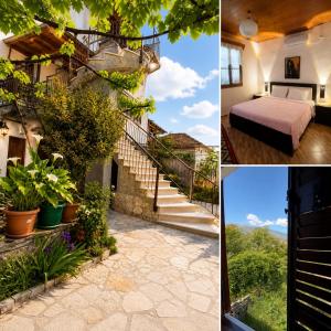 a collage of pictures of a house with a bed and stairs at Denis House 1930 Cozy Private Rooms with Authentic Charm in Gjirokastër