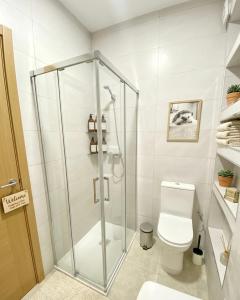a bathroom with a shower and a toilet at Apartamentos SOL y ARENA in Almería