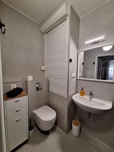 a bathroom with a toilet and a sink at ApartmanONE in Hlohovec