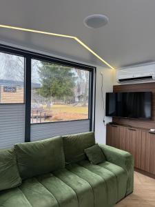 a green couch in a living room with a large window at Water House in Puck