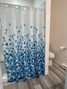 a bathroom with a blue shower curtain with a toilet at Riverfront Studios Inn in Sault Ste. Marie