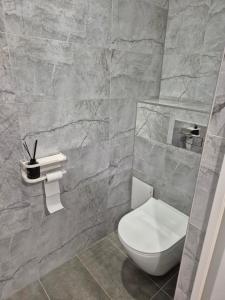 a bathroom with a toilet and a stone wall at MV Apartament in Druskininkai +3 photos