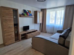 a living room with a couch and a television at MV Apartament in Druskininkai