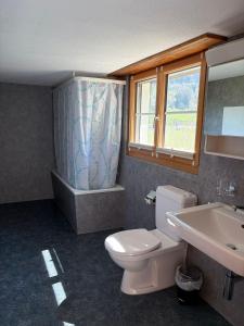 a bathroom with a toilet and a sink at Ferienwohnung Bürgenblick in Kehrsiten +8 photos