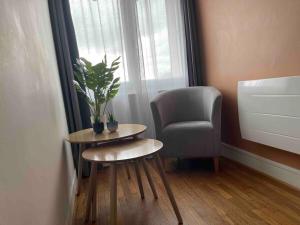a living room with a chair and a table and a plant at Croix rouge in Châtellerault