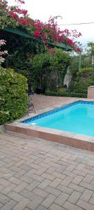 a swimming pool in a yard with pink flowers at 16 on Point in Parow