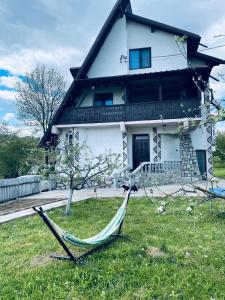 a hammock in front of a house at Casa Rujoiu in Bertea