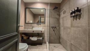 a bathroom with a shower and a sink and a toilet at Trento Hotel Boutique in San Salvador de Jujuy +43 photos