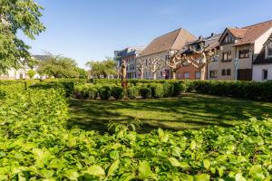 a lawn in front of a house with bushes at Litzi's zentrales Apartment mit Parkplatz in Hockenheim