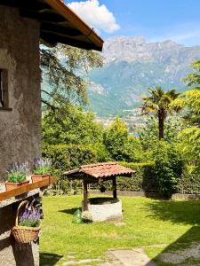 a garden with a table and a view of a mountain at Casetta a Lago in Onno