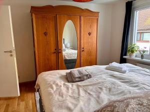 a bedroom with a bed with a dresser and a mirror at Ferienwohnung Rosengarten in Einbeck