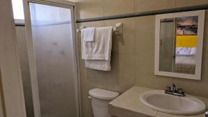 a bathroom with a toilet and a sink and a shower at Henrietta Place B&B in Progreso +7 photos