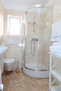 a bathroom with a shower and a toilet at Apartman Perina in Trogir +27 photos