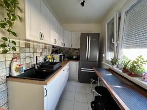 a kitchen with white cabinets and a black refrigerator at Tulipán Apartman Csongrád in Csongrád