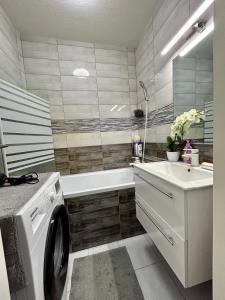 a bathroom with a washing machine and a sink at Tulipán Apartman Csongrád in Csongrád