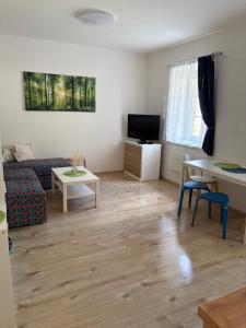 a living room with a couch and a table at Apartmán Meluzína in Staré Hamry