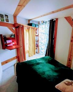 a bedroom with a green bed and a window at Cocon-ardechesauvage in Pont-de-Labeaume