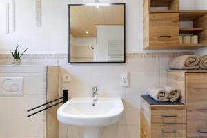 a bathroom with a sink and a mirror at Ferienwohnung am Brändbach in Bräunlingen +16 photos