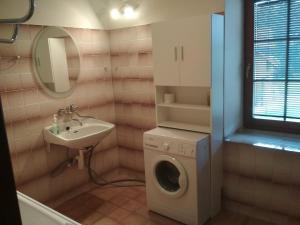 a bathroom with a washing machine and a sink at Apartmán Andels I in Rakovník +22 photos