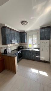 a kitchen with black cabinets and a white refrigerator at Ana in Burela de Cabo