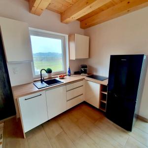 a kitchen with a black refrigerator and a window at Spokojna Dolina in Brejdyny
