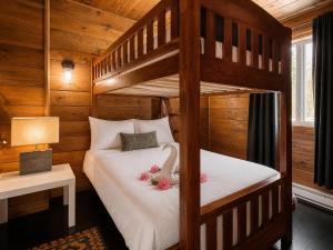 a bedroom with two bunk beds in a cabin at Le Malpic in Mont-Laurier