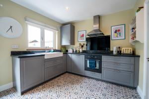 a kitchen with gray cabinets and a sink at Phoenix House in Dublin +12 photos