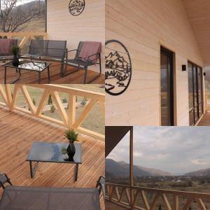 a collage of photos of a deck with a table and chairs at VaavHouse in Tyudov