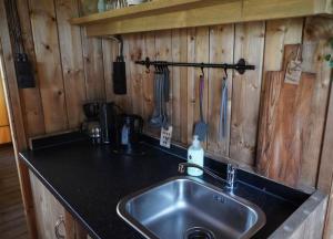 a kitchen counter with a sink and wooden walls at F1 Ardennes Stay 5p Parking Bashfull in Amblève