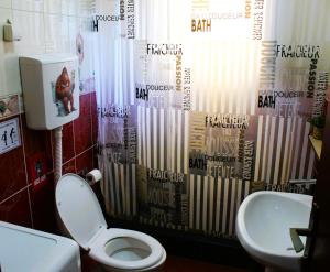 a bathroom with a toilet and a shower curtain at TravelBreak in Podgorica