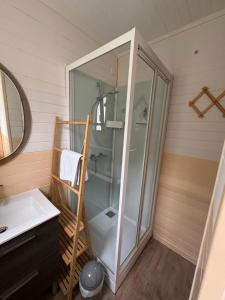 a bathroom with a shower and a sink at Oustau deu Beç in Verdaches +25 photos